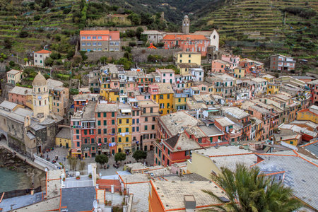 Vernazza, Cinque Terre, Liguria, Italy - March 25, 2016 Panoramic view of colorful historic...