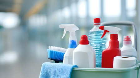 Detergents and cleaning products in a basket. Cleaning service concept.の素材