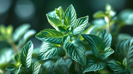 Fresh mint leaves on a green background. Mint leaves close-up.の素材