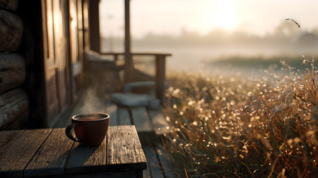 Cup of coffee on a wooden table on the background of the morning fogの写真素材