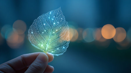 A human hand carefully holding a glowing leaf as a symbol of the harmonious coexistence of technology and nature.の素材