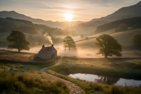 Smoke from the chimney of a village house against the backdrop of a golden sunrise on a foggy morningの素材