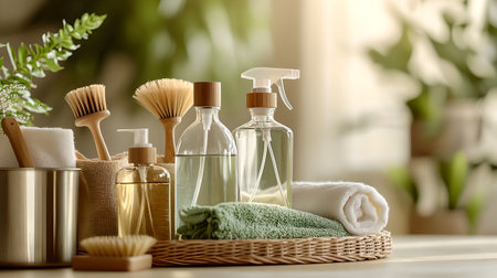 Eco-Friendly Minimalist Cleaning Kit Arrangement with Natural Toolsの写真素材