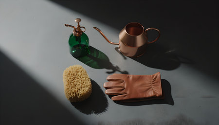 Set of cleaning products on a gray background. Hand sanitizer, gloves, sponge for washing dishes.の素材