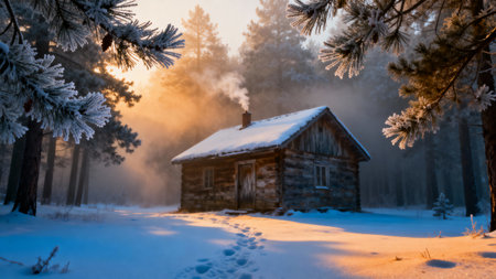 A lonely snow-covered cabin in a misty pine forest. The atmosphere of a winter morning, a peaceful wilderness landscape, photorealistic 4K resolution.の素材