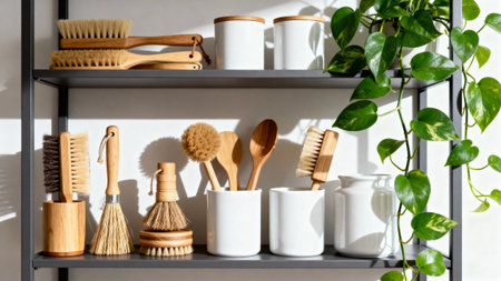 Zero waste bathroom accessories. Eco friendly bamboo toothbrushes, sponges, brushes and jars.の素材