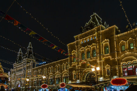 Beautiful festive illumination of the city's historic building during the winter holidays.の写真素材