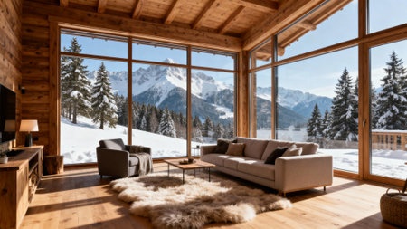 A cozy modern living room in a wooden chalet features a floor-to-ceiling window offering stunning views of the snow-capped mountains and forest.の素材