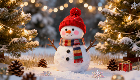 Snowman with Christmas tree and bokeh lights on background.の素材