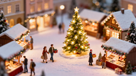 Miniature people with Christmas tree in the city. Christmas and New Year concept.の素材