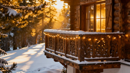 Luxury Snowy Chalet Balcony in Winter Mountain Resortの素材