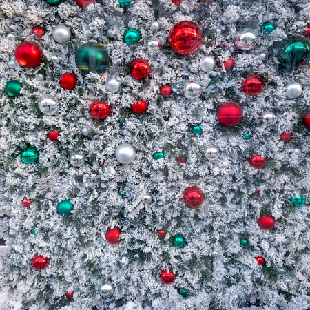 Christmas tree decorated with colorful balls and snowflakes, Christmas backgroundの写真素材