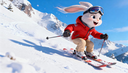 Easter bunny skiing in the mountains. Winter sports and fun concept.の素材