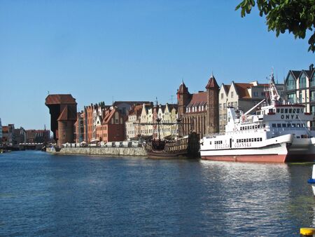 11 August, 2019, Gdansk, Poland. Gdansk old city with medieval port crane Zuraw and Motlawa River.