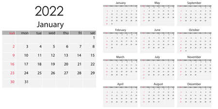 2022 year, calendar. Vector illustration Weeks startのイラスト素材