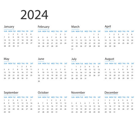 Calendar 2024 year. Vector illustration. The week starts on Sunday.のイラスト素材