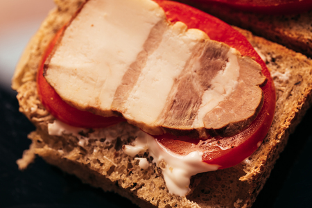 sandwich with bacon and tomato on dark background.の写真素材