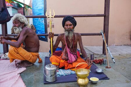 Varanasi, INDIA - MAY 29, 2017: Indian yogis