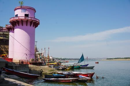 Varanasi, INDIA - MAY 29, 2017: Embankment in Varanasi and the sacred river Gangaのeditorial素材
