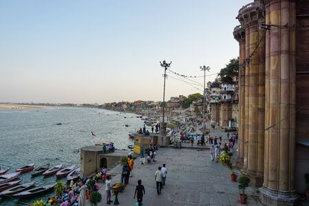 Varanasi, INDIA - MAY 29, 2017: Embankment in Varanasi and the sacred river Ganga