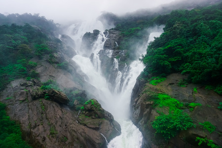 The huge waterfall Dudsagar in the wild jungle. Karnataka, India