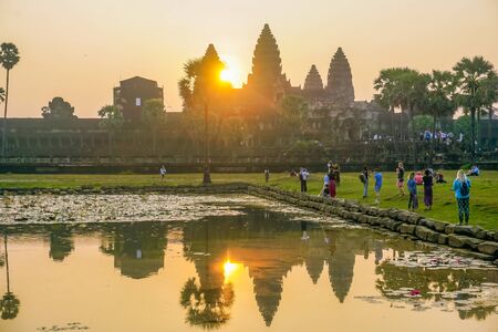 Angkor Wat, Cambodia - March 11, 2018: Angkor Wat main temple and many tourists meeting the sunriseのeditorial素材