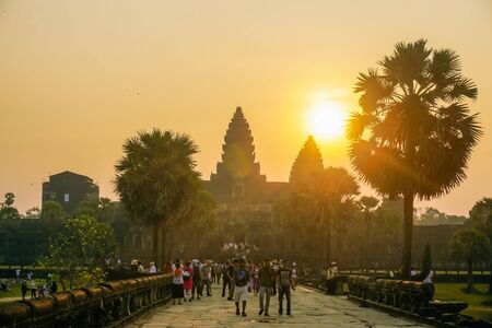 Angkor Wat, Cambodia - March 11, 2018: Angkor Wat main temple and many tourists meeting the sunriseのeditorial素材