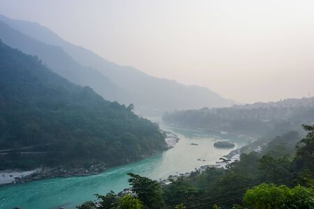 Beautiful turquoise Ganges River in Rishikesh, Indiaの写真素材