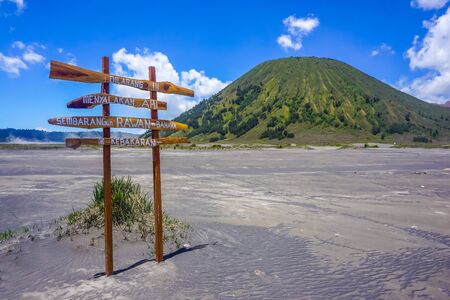 Volcano Bromo, Indonesia - March 29, 2018: Road banner on the background of the volcano