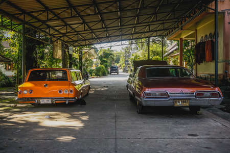 Sadao, Thailand - December 22, 2018: Old retro car on the territory of a Buddhist templeのeditorial素材