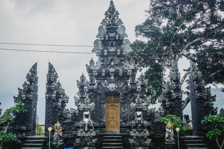 Beautiful Hindu temple on Lake Batur in Baliの写真素材