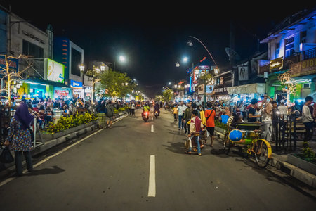 Yogyakarta, Indonesia - December 31, 2018: The central street of the city on New Year's Eveのeditorial素材