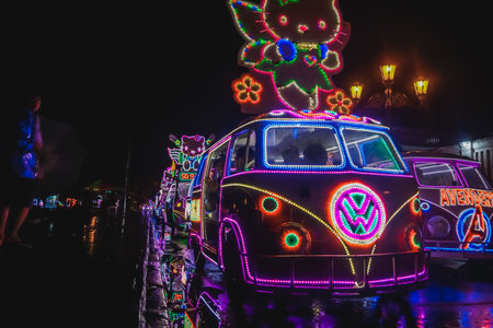 Yogyakarta, Indonesia - December 31, 2018: People ride neon carsのeditorial素材