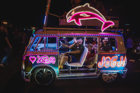Yogyakarta, Indonesia - December 31, 2018: People ride neon carsのeditorial素材