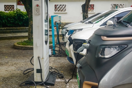 Electric cars are charging at an electric stationのeditorial素材