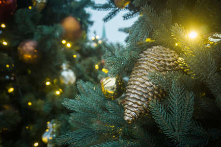 Christmas decorations on the Christmas tree in Mocsow park. Russia
