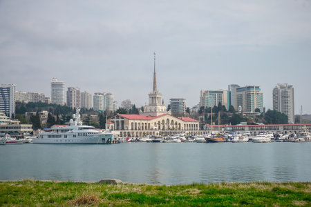 Sochi, Russia - March 25, 2020: Bay with yachts near the seaportのeditorial素材