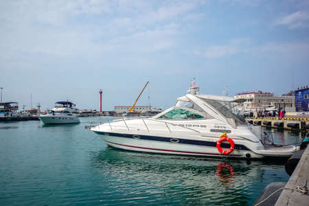 Sochi, Russia - March 25, 2020: Bay with yachts near the seaport