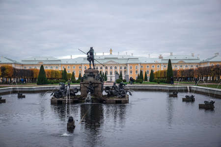 Saint Petersburg, Russia - October 7, 2019: Fountains in the Upper Gardens of Peterhof