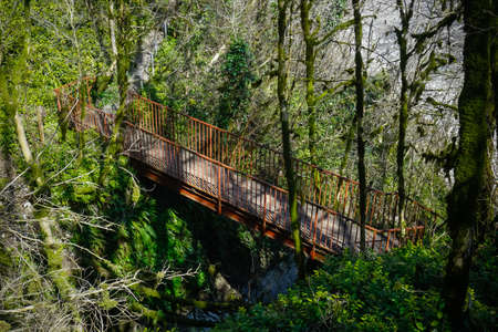 Beautiful iron bridge over the river and waterfall