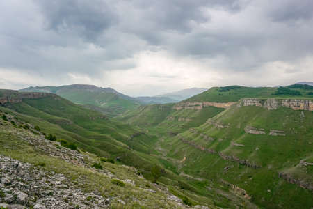 Picturesque green valley and mountains in Dagestan republic in Russiaの写真素材