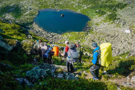 Ergaki, Krasnoyarsk Territory, Russia - July 17, 2020: Hikers in the Sayan Mountainsのeditorial素材