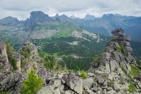 Ergaki, Krasnoyarsk Territory, Russia - July 17, 2020: Hikers in the Sayan Mountainsのeditorial素材