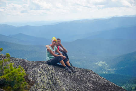 Ergaki, Krasnoyarsk Territory, Russia - July 23, 2020: Hikers rest in the mountainsのeditorial素材
