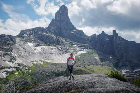 Ergaki, Krasnoyarsk Territory, Russia - July 23, 2020: Hiker on the mountain ridgeのeditorial素材