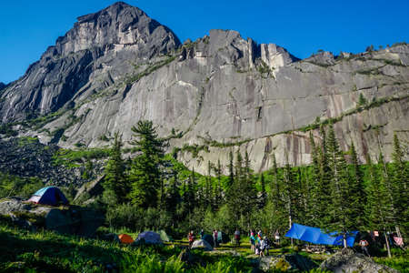 Ergaki, Krasnoyarsk Territory, Russia - July 19, 2020: Tent camp in the Ergaki Nature Reserveのeditorial素材