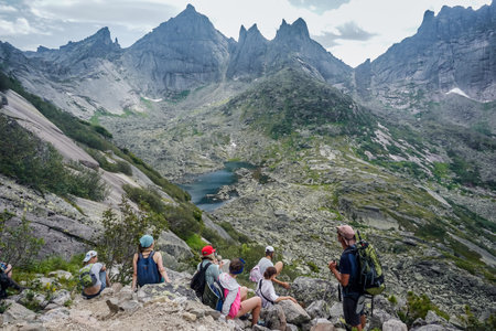 Ergaki, Krasnoyarsk Territory, Russia - July 21, 2020: Hikers in the Sayan Mountainsのeditorial素材