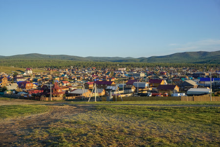 Beautiful view of the Khuzhir village at sunset at Baikalの写真素材