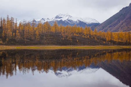 Mountain lake in the taiga and Kodar ridge in Trans Baikal territoryの写真素材