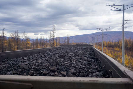 Traveling on a freight train with coal along the Baikal-Amur Mainlineの写真素材